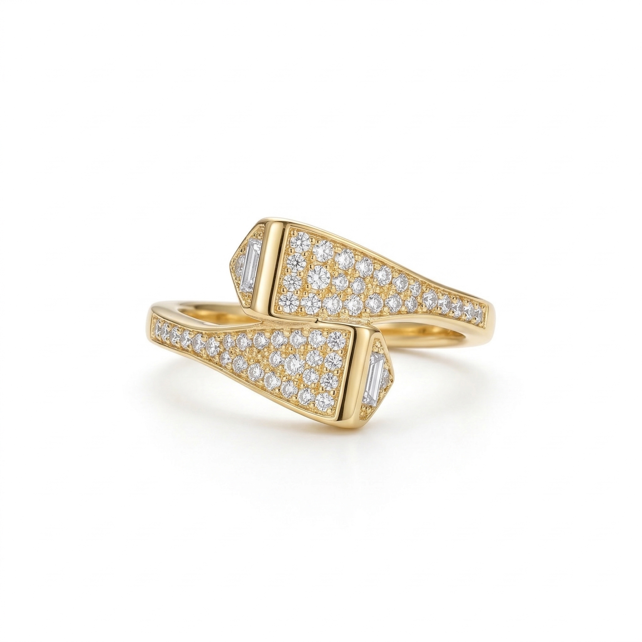 925 Sterling Silver Clear Stone Geometric Bypass Ring Yellow Gold Finish Jewellery for Women - Size 6