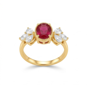 AGOR 925 Sterling Silver Red Oval Vintage Ring Yellow Gold Finish Jewellery for Women - Size 7