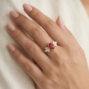 AGOR 925 Sterling Silver Red Oval Vintage Ring Yellow Gold Finish Jewellery for Women - Size 7
