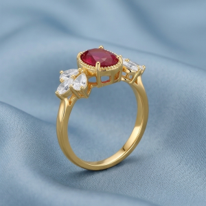 AGOR 925 Sterling Silver Red Oval Vintage Ring Yellow Gold Finish Jewellery for Women - Size 7
