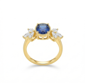 AGOR 925 Sterling Silver Blue Oval Vintage Ring Yellow Gold Finish Jewellery for Women - Size 7