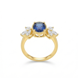 925 Sterling Silver Blue Oval Vintage Ring Yellow Gold Finish Jewellery for Women - Size 7