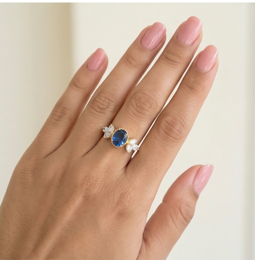 AGOR 925 Sterling Silver Blue Oval Vintage Ring Yellow Gold Finish Jewellery for Women - Size 7