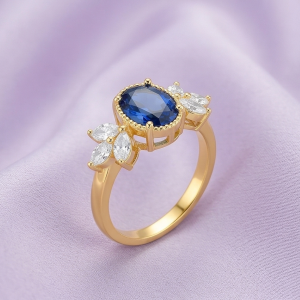 AGOR 925 Sterling Silver Blue Oval Vintage Ring Yellow Gold Finish Jewellery for Women - Size 7