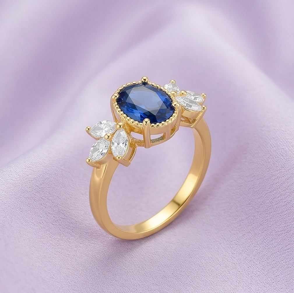 925 Sterling Silver Blue Oval Vintage Ring Yellow Gold Finish Jewellery for Women - Size 7