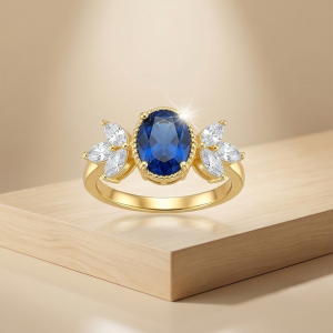 AGOR 925 Sterling Silver Blue Oval Vintage Ring Yellow Gold Finish Jewellery for Women - Size 7