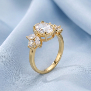 AGOR 925 Sterling Silver Clear Oval Vintage Ring Yellow Gold Finish Jewellery for Women - Size 6