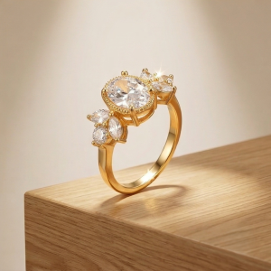 AGOR 925 Sterling Silver Clear Oval Vintage Ring Yellow Gold Finish Jewellery for Women - Size 6