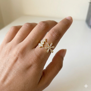 AGOR 925 Sterling Silver Clear Snowflake Open Ring Yellow Gold Finish Jewellery for Women - Size 6