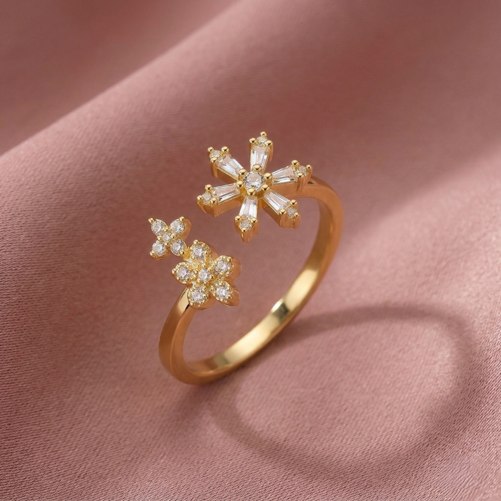 AGOR 925 Sterling Silver Clear Snowflake Open Ring Yellow Gold Finish Jewellery for Women - Size 7