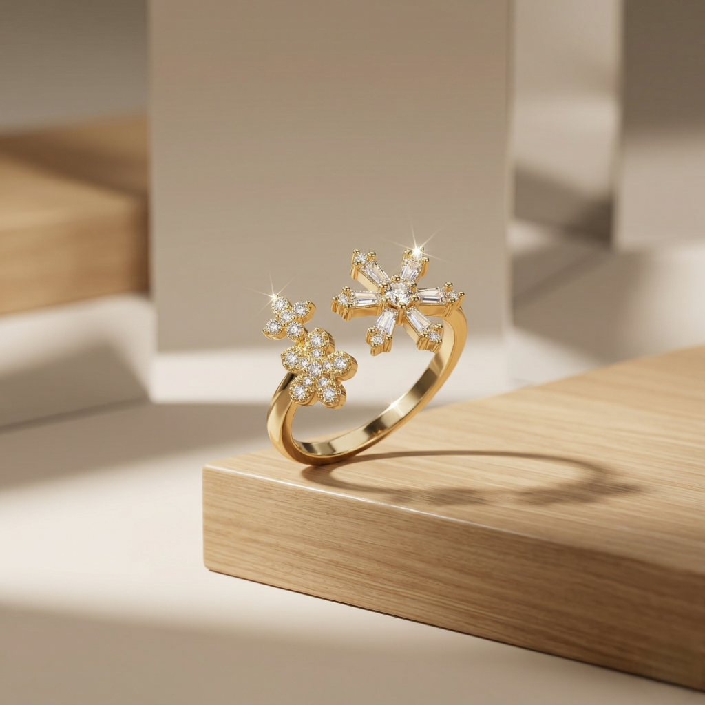 AGOR 925 Sterling Silver Clear Snowflake Open Ring Yellow Gold Finish Jewellery for Women - Size 7