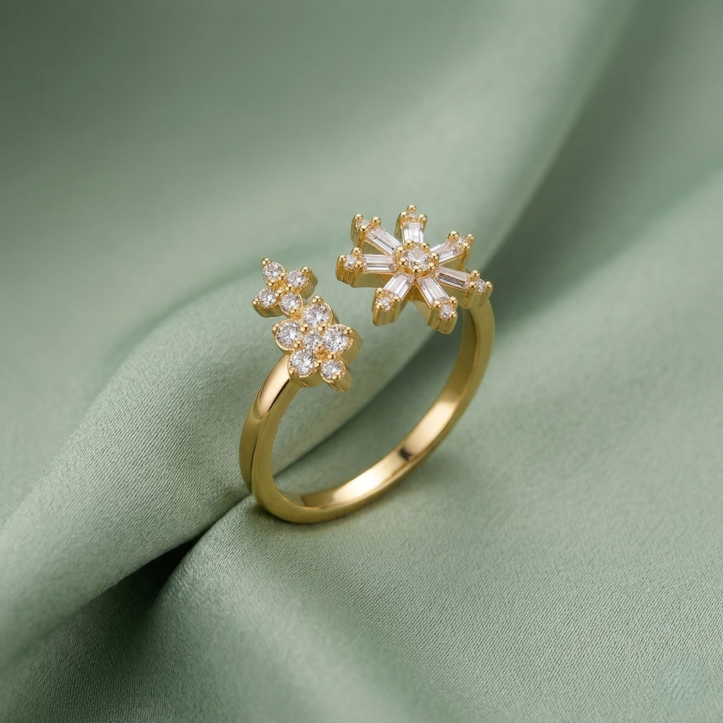 AGOR 925 Sterling Silver Clear Snowflake Open Ring Yellow Gold Finish Jewellery for Women - Size 7