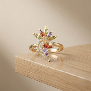 925 Sterling Silver Multi-Color Floral Swirl Ring Yellow Gold Finish Jewellery for Women - Size 7