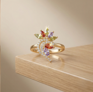 AGOR 925 Sterling Silver Multi-Color Floral Swirl Ring Yellow Gold Finish Jewellery for Women - Size 6