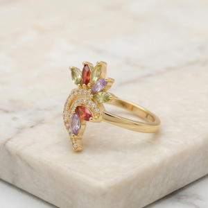 925 Sterling Silver Multi-Color Floral Swirl Ring Yellow Gold Finish Jewellery for Women - Size 7