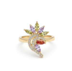 AGOR 925 Sterling Silver Multi-Color Floral Swirl Ring Yellow Gold Finish Jewellery for Women - Size 9