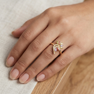 925 Sterling Silver Multi-Color Floral Swirl Ring Yellow Gold Finish Jewellery for Women - Size 9