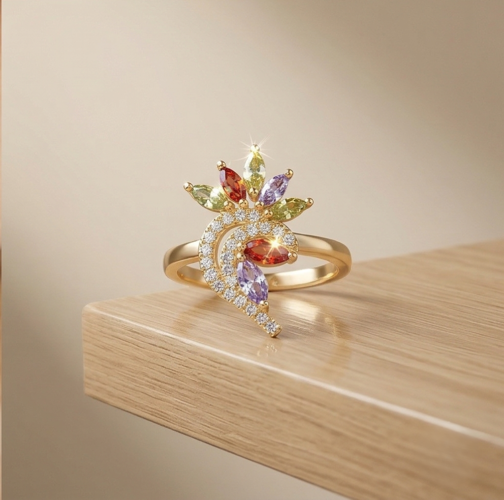 AGOR 925 Sterling Silver Multi-Color Floral Swirl Ring Yellow Gold Finish Jewellery for Women - Size 9