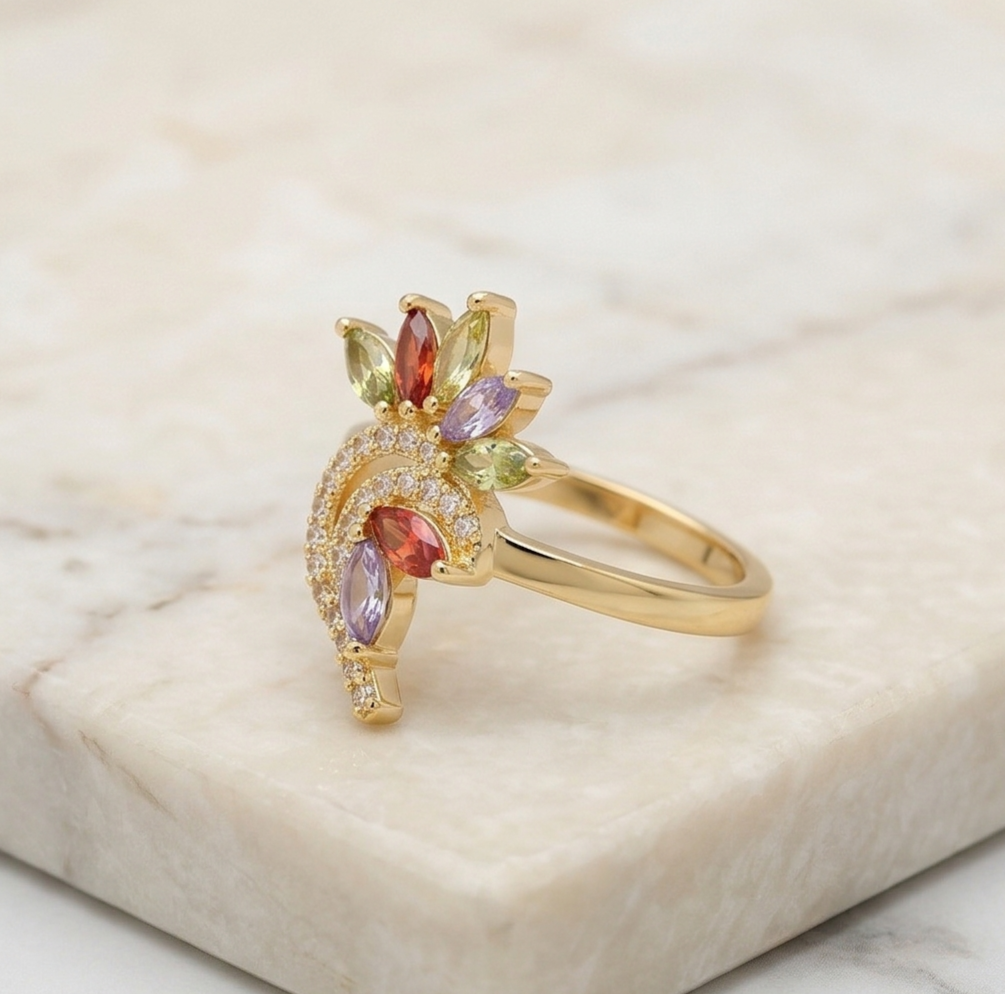 925 Sterling Silver Multi-Color Floral Swirl Ring Yellow Gold Finish Jewellery for Women - Size 6