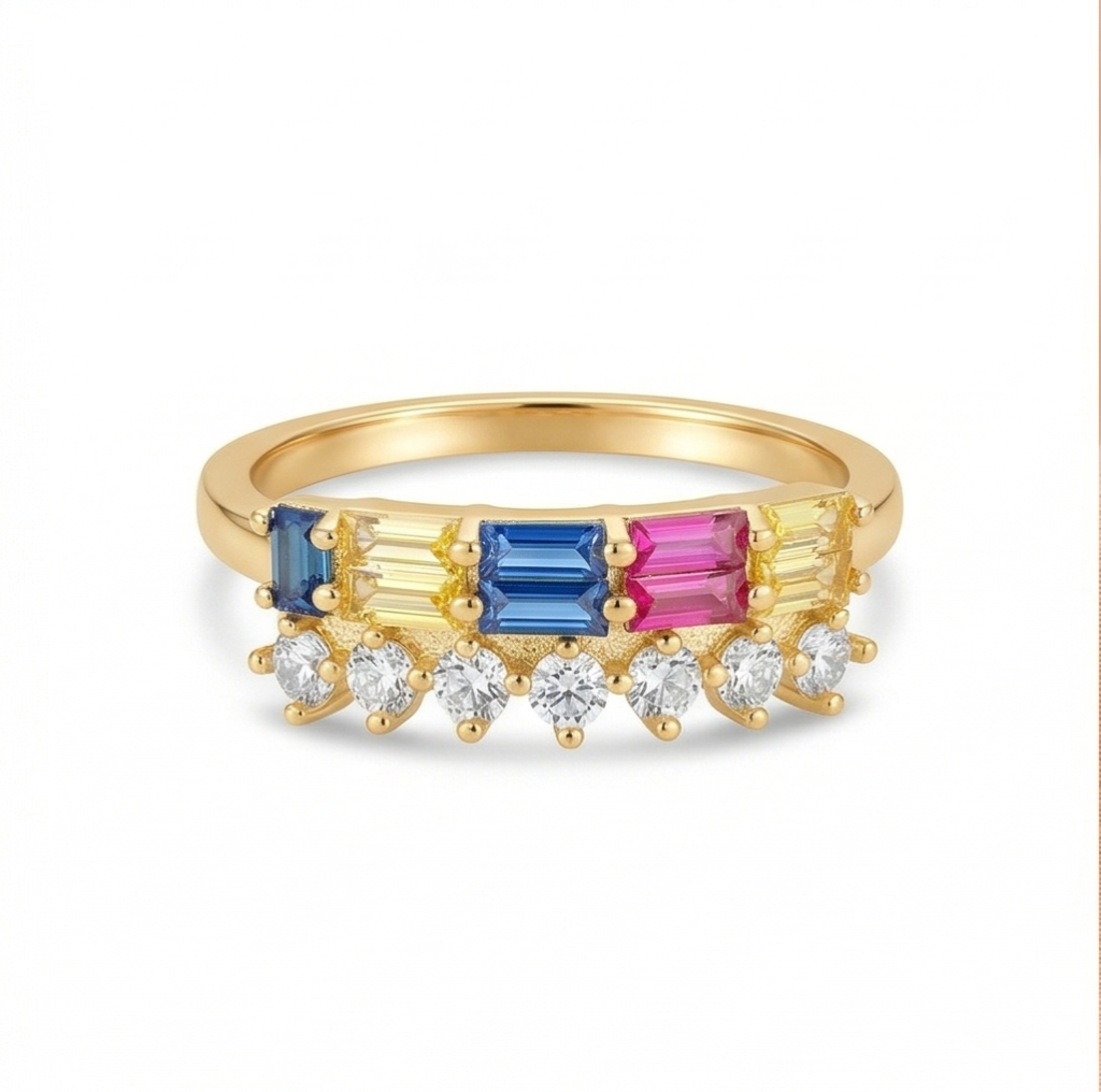 AGOR 925 Sterling Silver Multi-Color Double Row Band Ring Yellow Gold Finish Jewellery for Women - Size 7