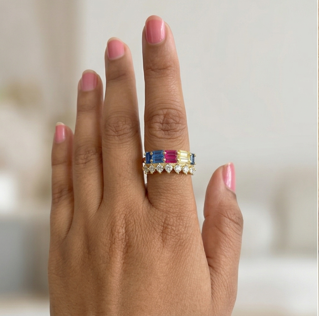 AGOR 925 Sterling Silver Multi-Color Double Row Band Ring Yellow Gold Finish Jewellery for Women - Size 8