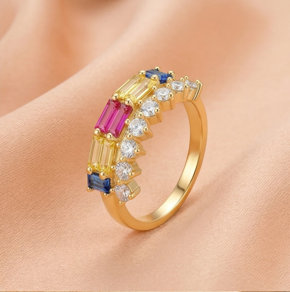 AGOR 925 Sterling Silver Multi-Color Double Row Band Ring Yellow Gold Finish Jewellery for Women - Size 7