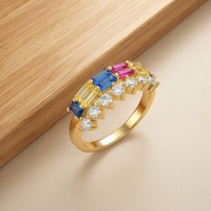 AGOR 925 Sterling Silver Multi-Color Double Row Band Ring Yellow Gold Finish Jewellery for Women - Size 7