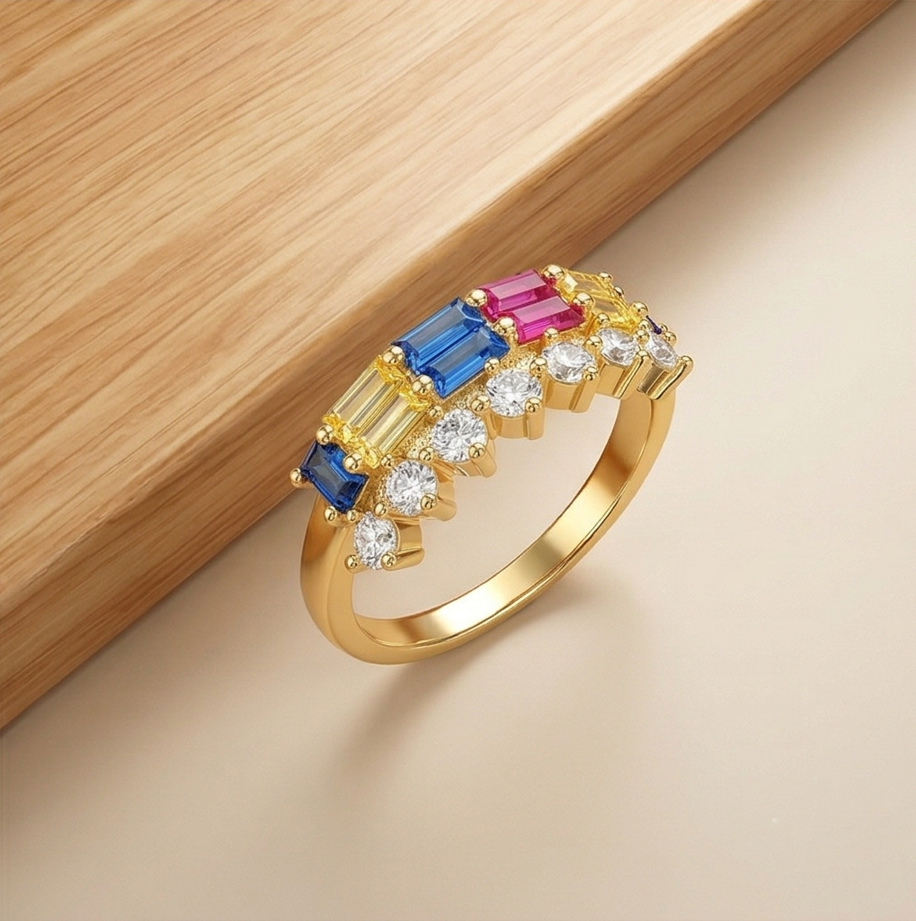 925 Sterling Silver Multi-Color Double Row Band Ring Yellow Gold Finish Jewellery for Women - Size 7