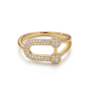AGOR 925 Sterling Silver U-Link Statement Ring with Yellow Gold Finish Contemporary Women's Jewellery - Size 7