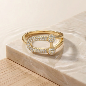 AGOR 925 Sterling Silver U-Link Statement Ring with Yellow Gold Finish Contemporary Women's Jewellery - Size 9