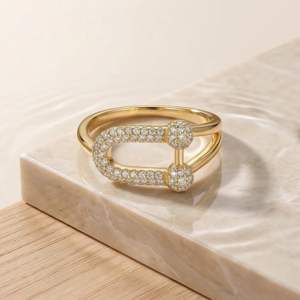 925 Sterling Silver U-Link Statement Ring with Yellow Gold Finish Contemporary Women's Jewellery - Size 9