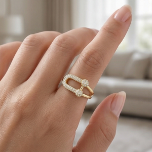 AGOR 925 Sterling Silver U-Link Statement Ring with Yellow Gold Finish Contemporary Women's Jewellery - Size 7