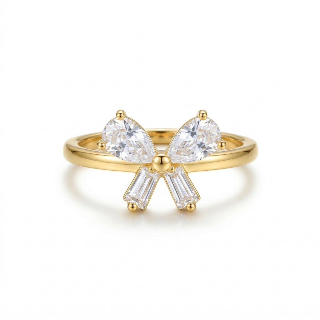 AGOR 925 Sterling Silver Gold Plated Elegant Bow Ring Jewellery for Women - Size 8