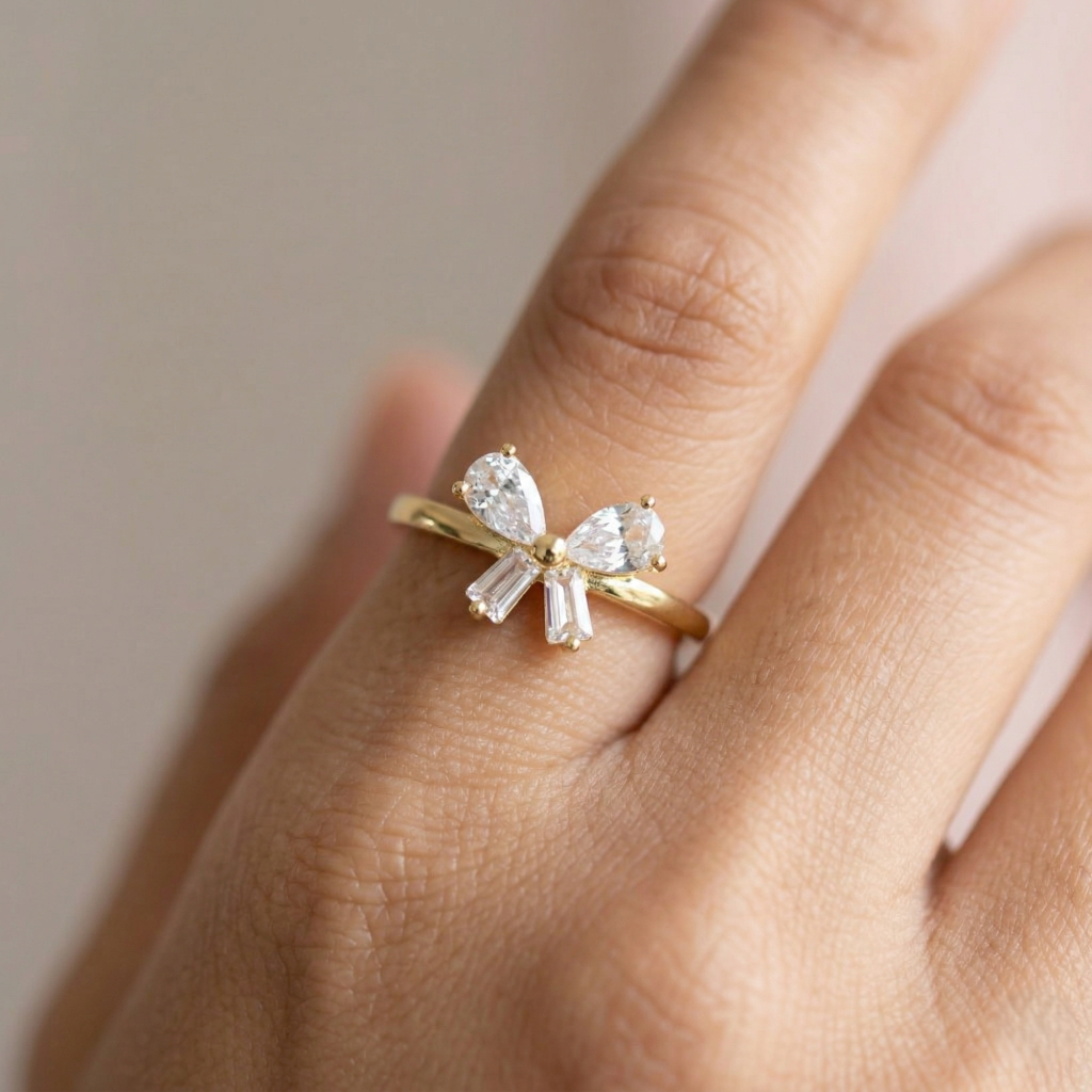AGOR 925 Sterling Silver Gold Plated Elegant Bow Ring Jewellery for Women - Size 8