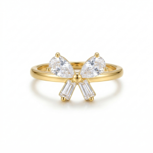AGOR 925 Sterling Silver Gold Plated Elegant Bow Ring Jewellery for Women - Size 7