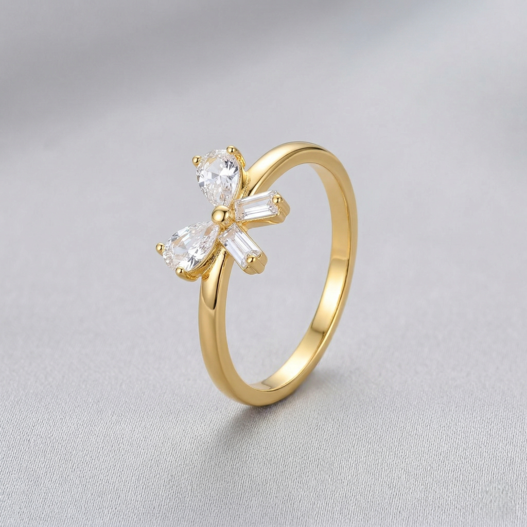 AGOR 925 Sterling Silver Gold Plated Elegant Bow Ring Jewellery for Women - Size 7