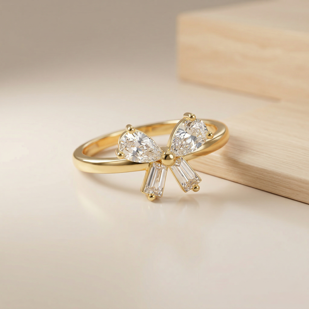 AGOR 925 Sterling Silver Gold Plated Elegant Bow Ring Jewellery for Women - Size 7