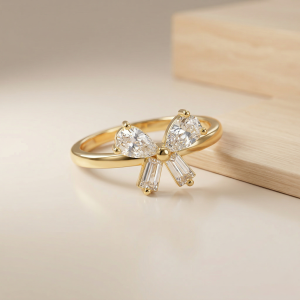 AGOR 925 Sterling Silver Gold Plated Elegant Bow Ring Jewellery for Women - Size 7
