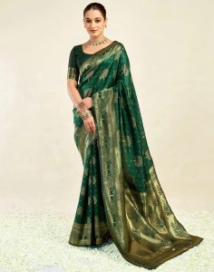 AXONIT Women's Silk Blend Banarasi Jacquard Zari Motifs Design Saree with Unstitched Blouse Piece
