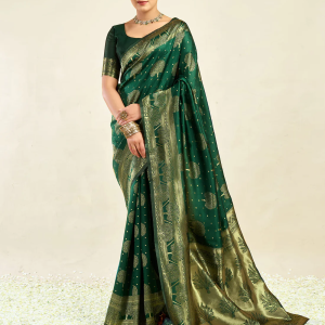AXONIT Women's Silk Blend Banarasi Jacquard Zari Motifs Design Saree with Unstitched Blouse Piece