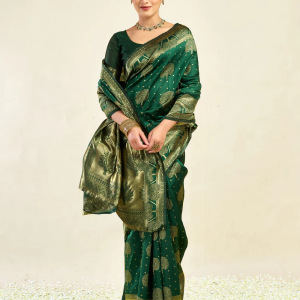 AXONIT Women's Silk Blend Banarasi Jacquard Zari Motifs Design Saree with Unstitched Blouse Piece