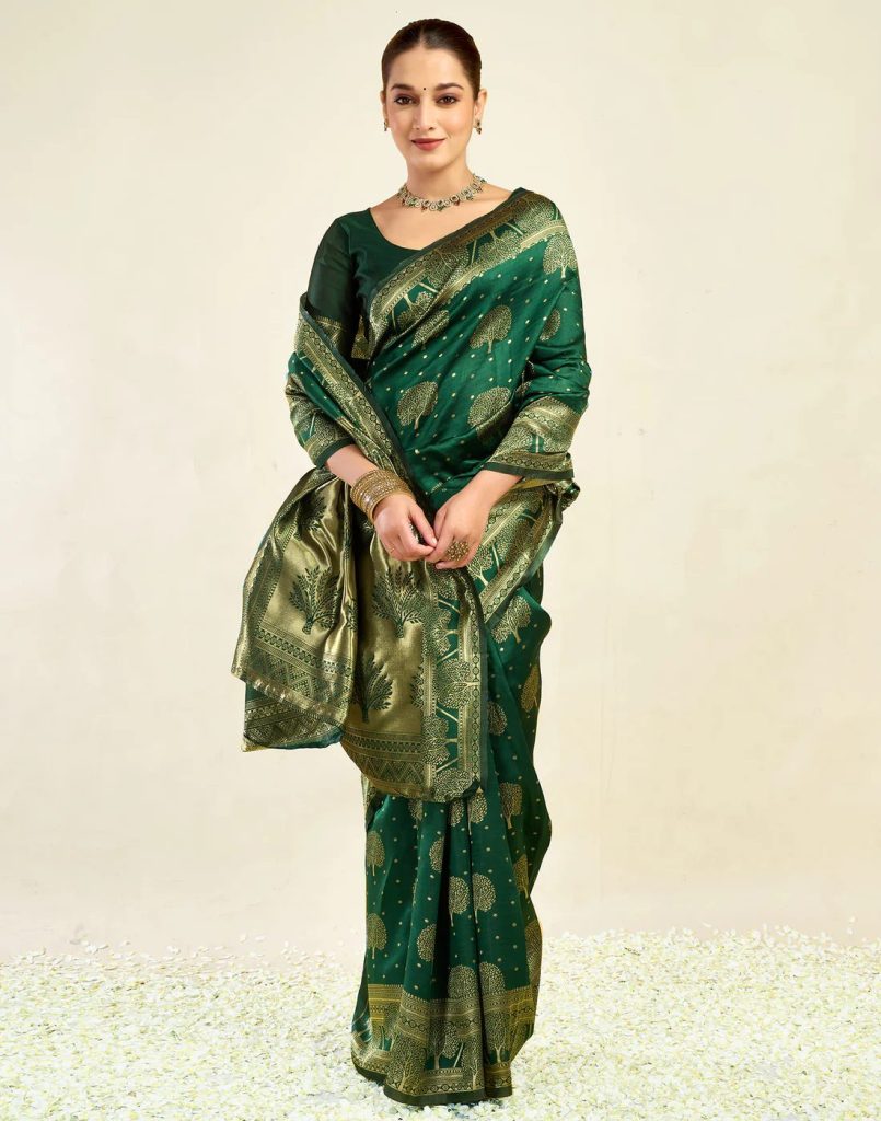 AXONIT Women's Silk Blend Banarasi Jacquard Zari Motifs Design Saree with Unstitched Blouse Piece