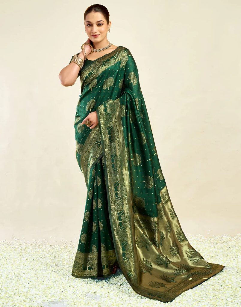 AXONIT Women's Silk Blend Banarasi Jacquard Zari Motifs Design Saree with Unstitched Blouse Piece