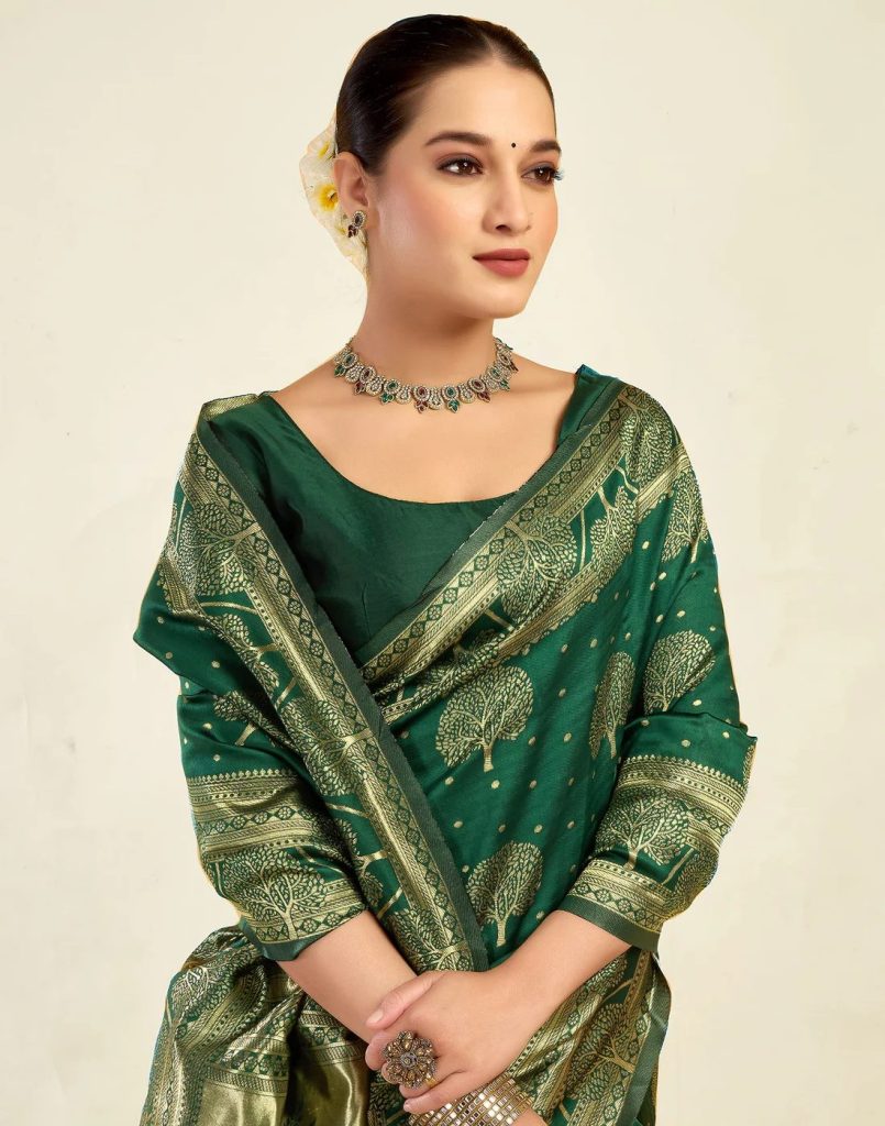 AXONIT Women's Silk Blend Banarasi Jacquard Zari Motifs Design Saree with Unstitched Blouse Piece
