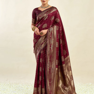 AXONIT Women's Silk Blend Banarasi Jacquard Zari Motifs Design Saree with Unstitched Blouse Piece