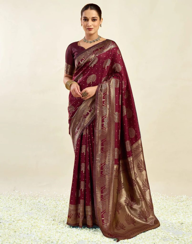 AXONIT Women's Silk Blend Banarasi Jacquard Zari Motifs Design Saree with Unstitched Blouse Piece
