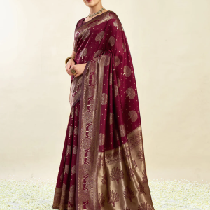 AXONIT Women's Silk Blend Banarasi Jacquard Zari Motifs Design Saree with Unstitched Blouse Piece