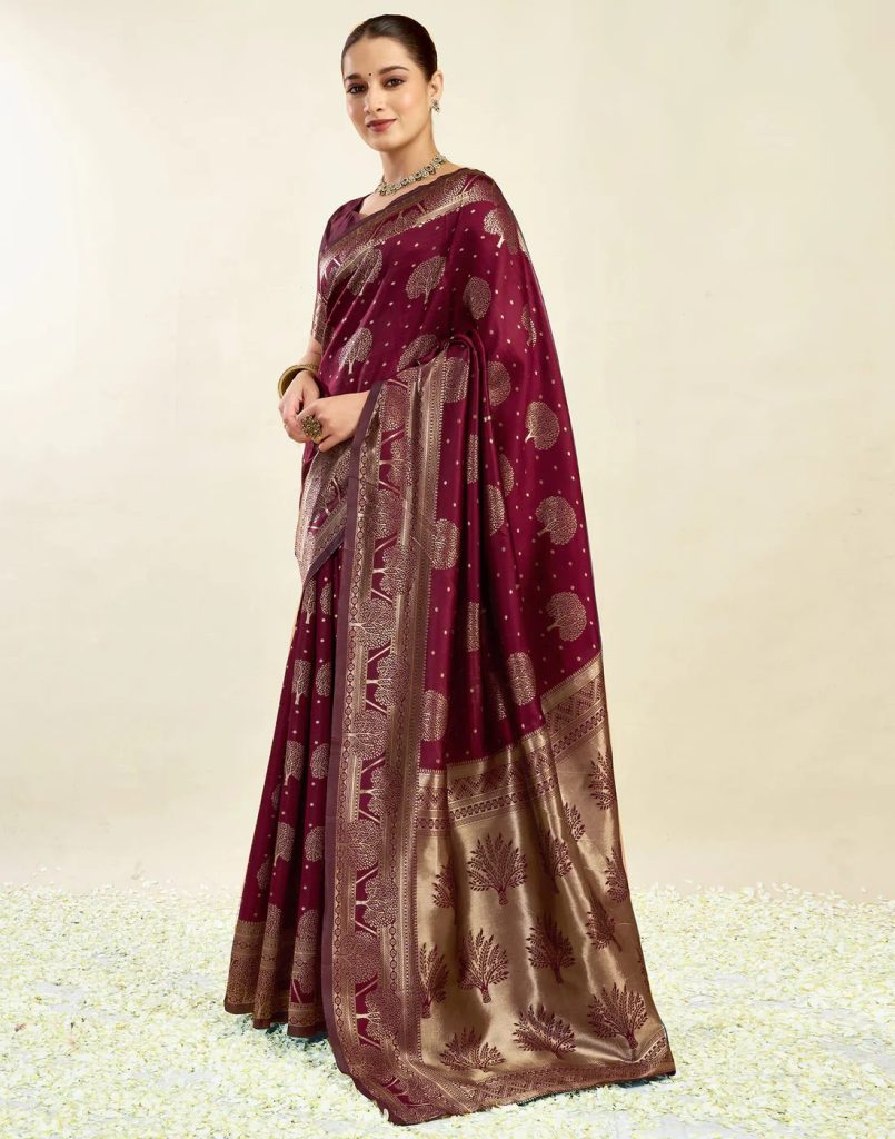 AXONIT Women's Silk Blend Banarasi Jacquard Zari Motifs Design Saree with Unstitched Blouse Piece