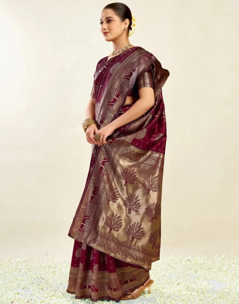 AXONIT Women's Silk Blend Banarasi Jacquard Zari Motifs Design Saree with Unstitched Blouse Piece
