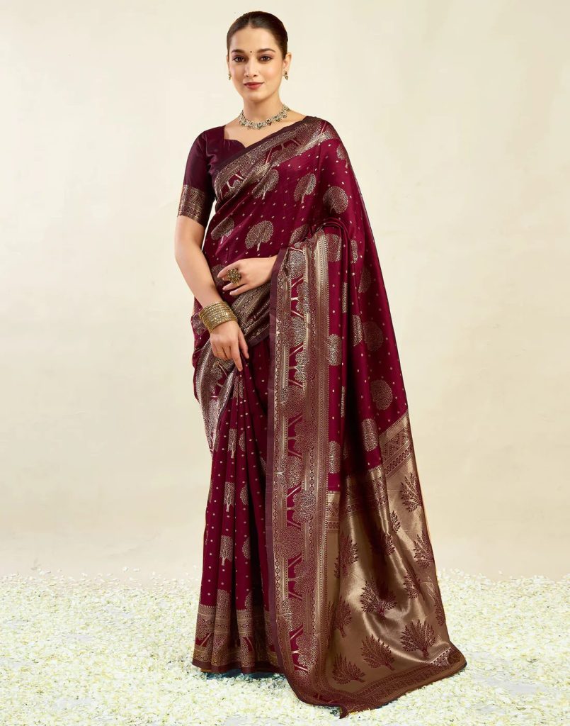 AXONIT Women's Silk Blend Banarasi Jacquard Zari Motifs Design Saree with Unstitched Blouse Piece